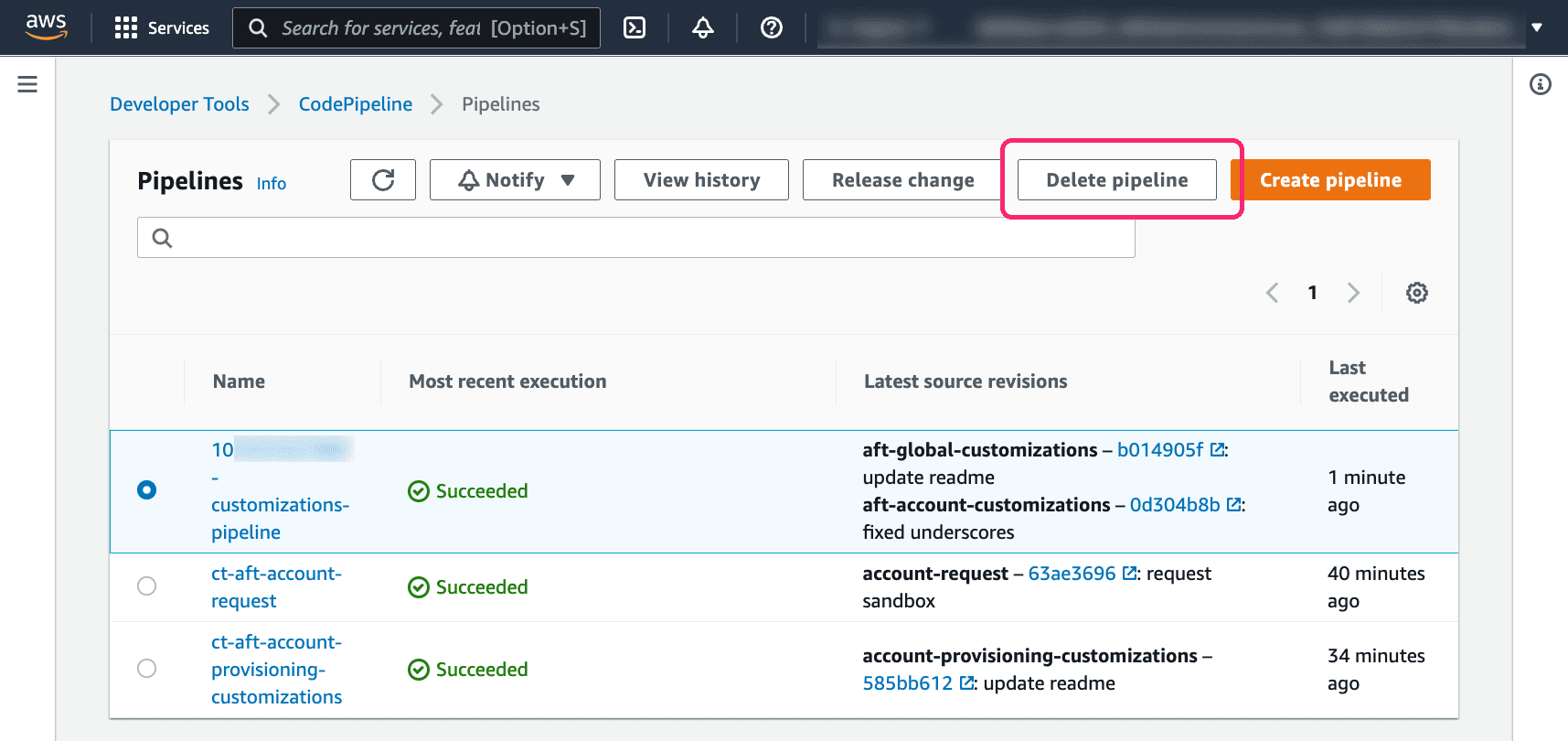 CodePipelines created by AFT