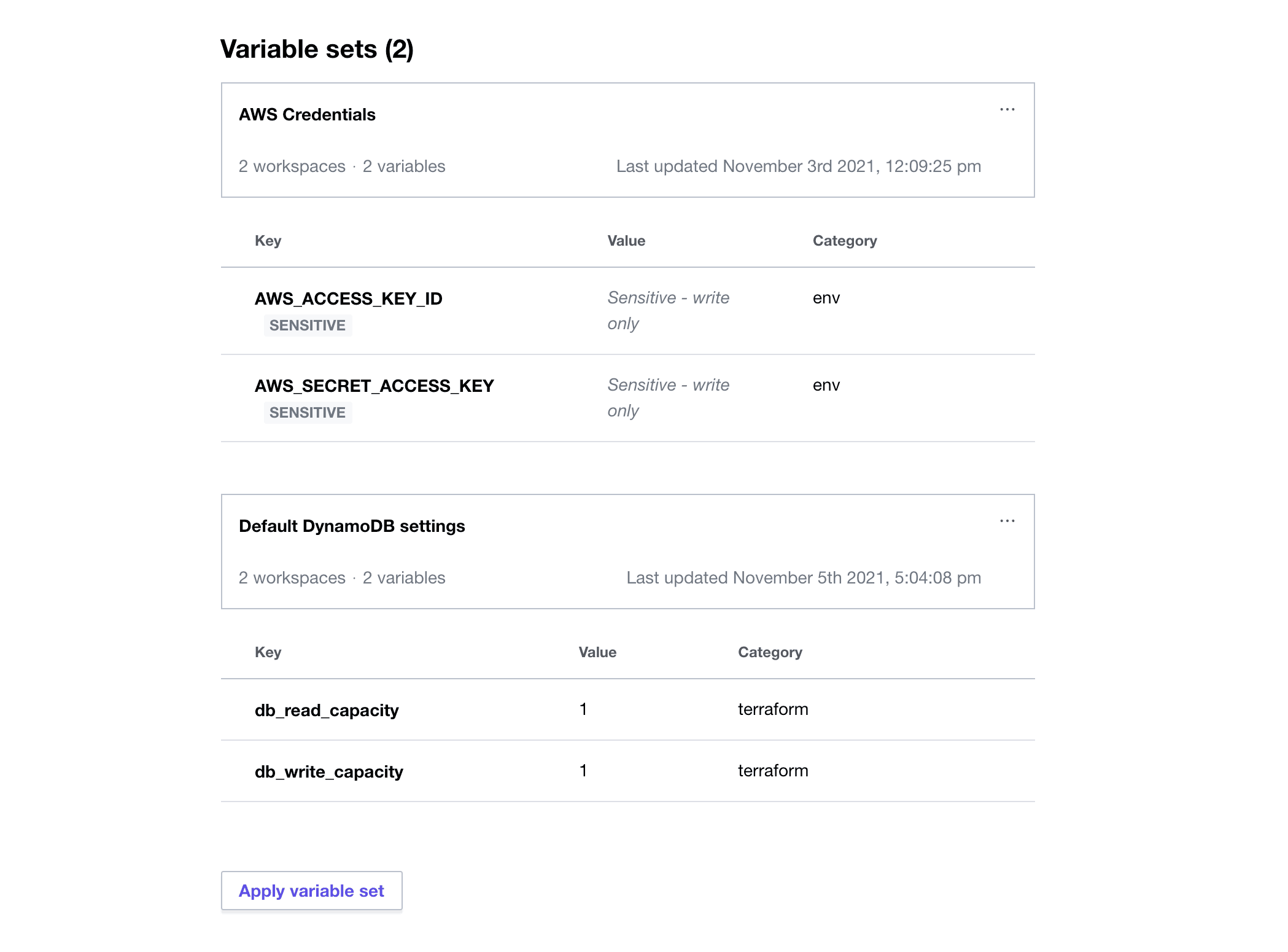 Multiple variable sets applied to HCP Terraform workspacet