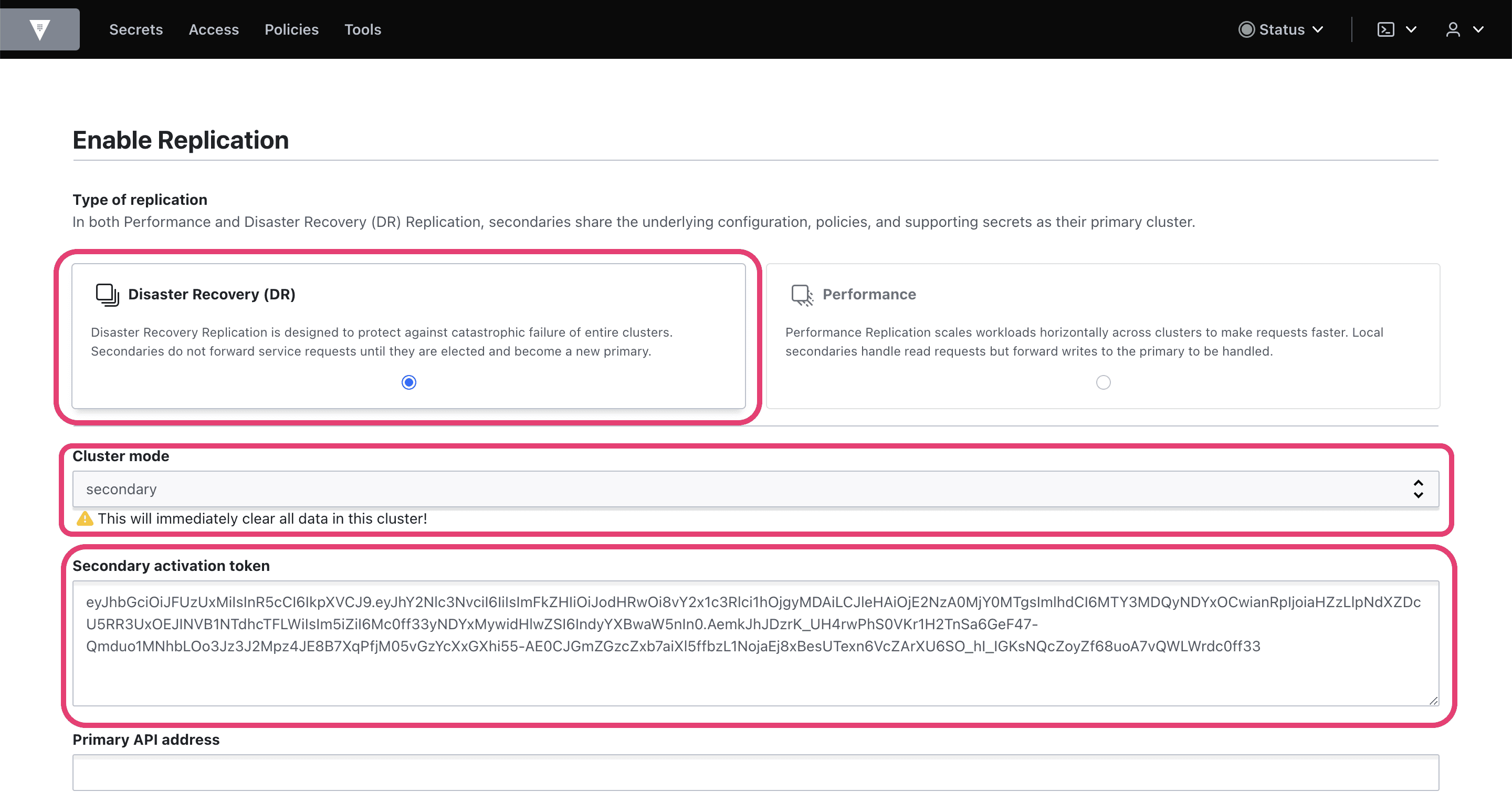 Choosing 'Disaster Recovery' for a secondary mode